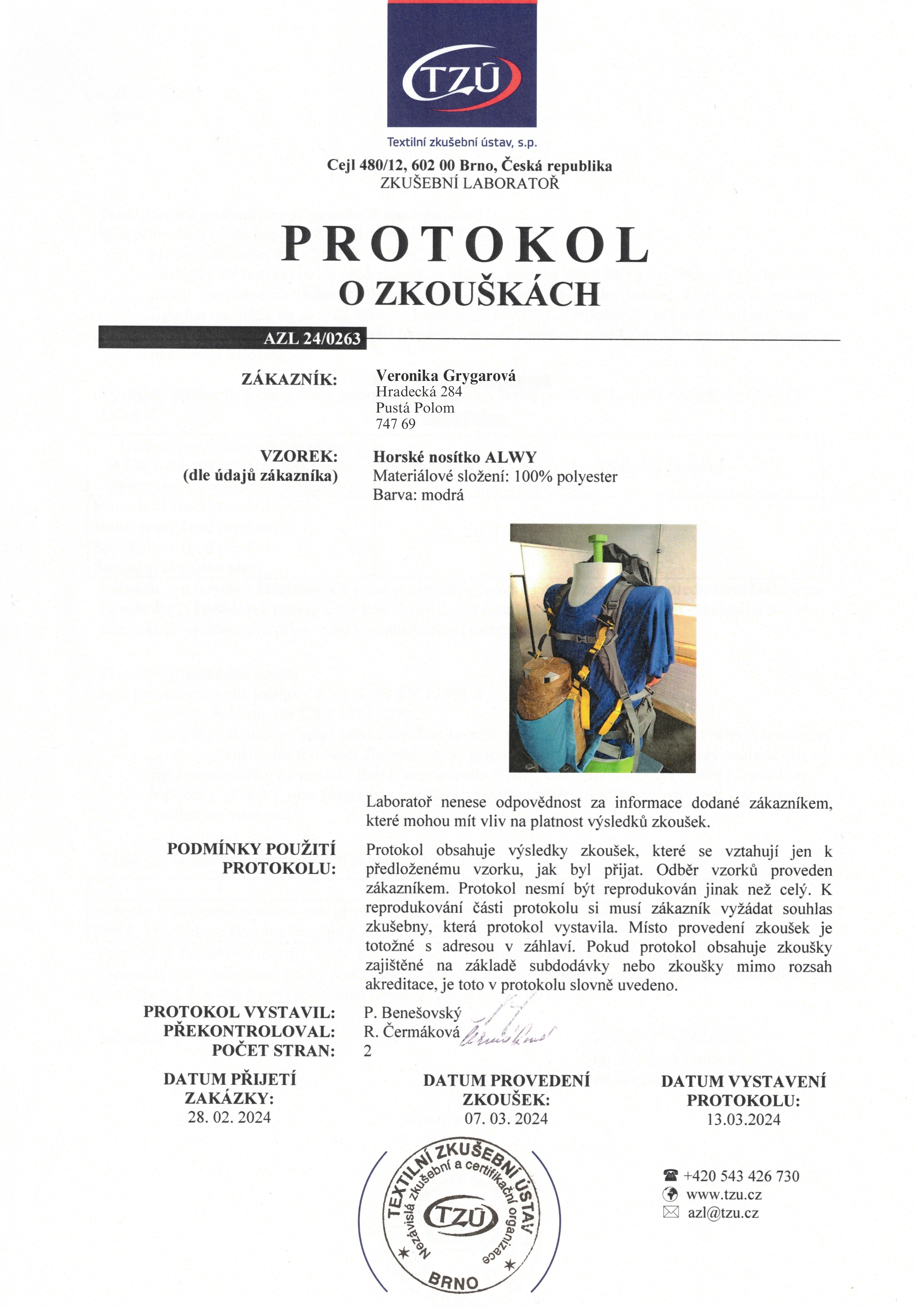 Protokol atestovaného horského nosítka ALWY